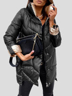 Women's long quilted puffer coat with high collar and zip fastening