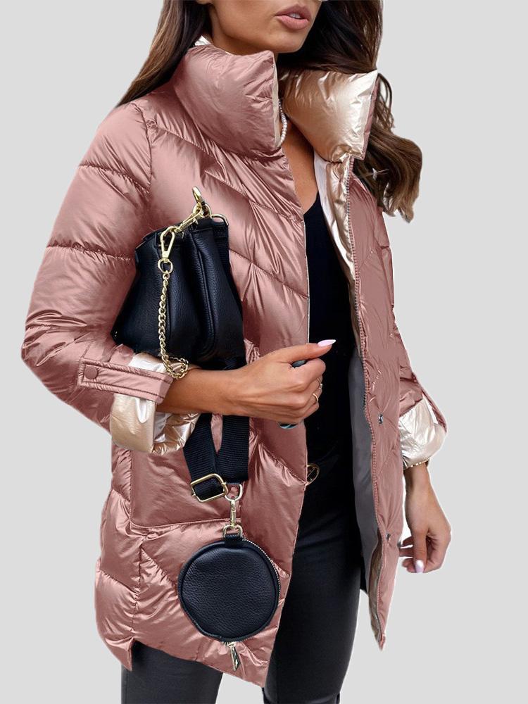 Women's long quilted puffer coat with high collar and zip fastening