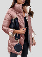 Women's long quilted puffer coat with high collar and zip fastening