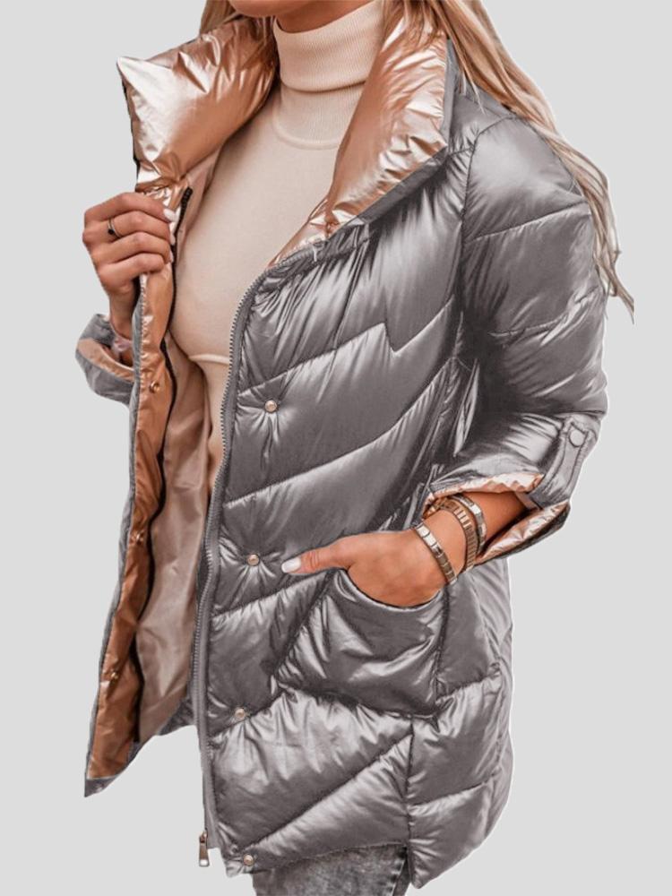 Women's long quilted puffer coat with high collar and zip fastening