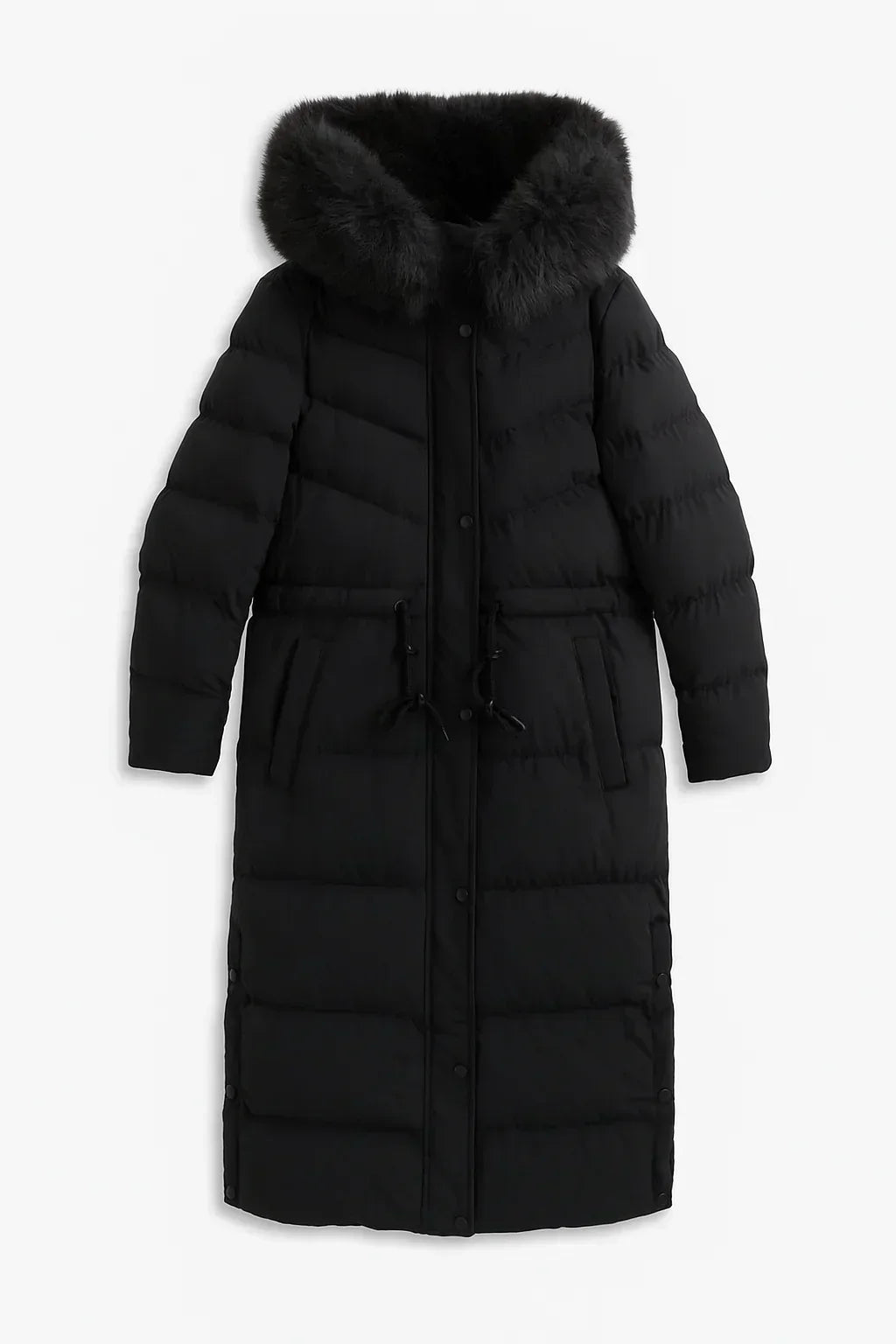 Women's longline padded coat with fur-effect hood trim and front pockets