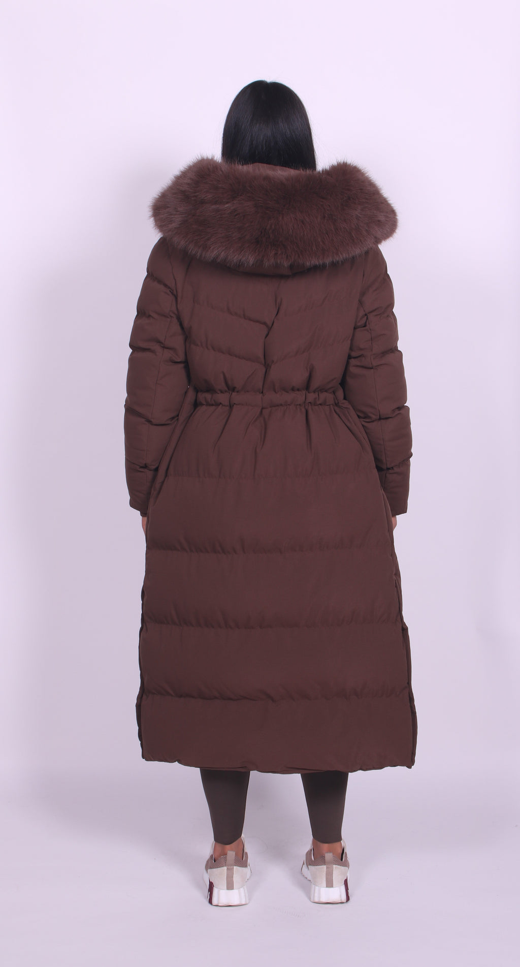 Women's longline padded coat with fur-effect hood trim and front pockets