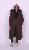 Women's longline padded coat with fur-effect hood trim and front pockets