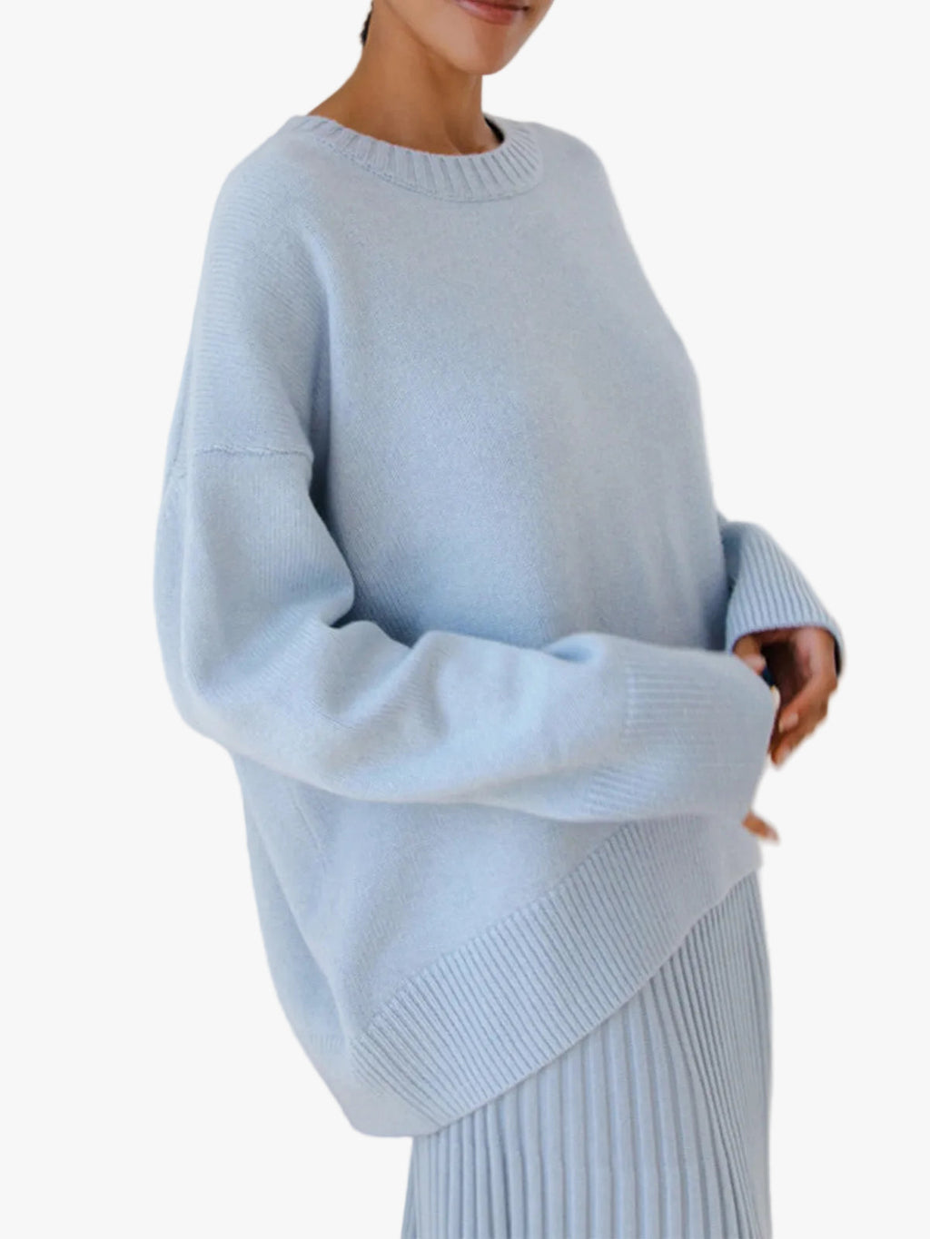 Women's plain knit pullover sweater with crew neck, long sleeves and ribbed trims