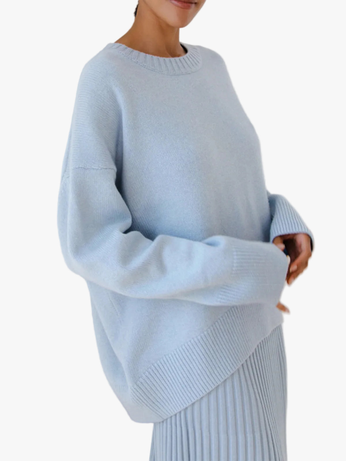 Women's plain knit pullover sweater with crew neck, long sleeves and ribbed trims