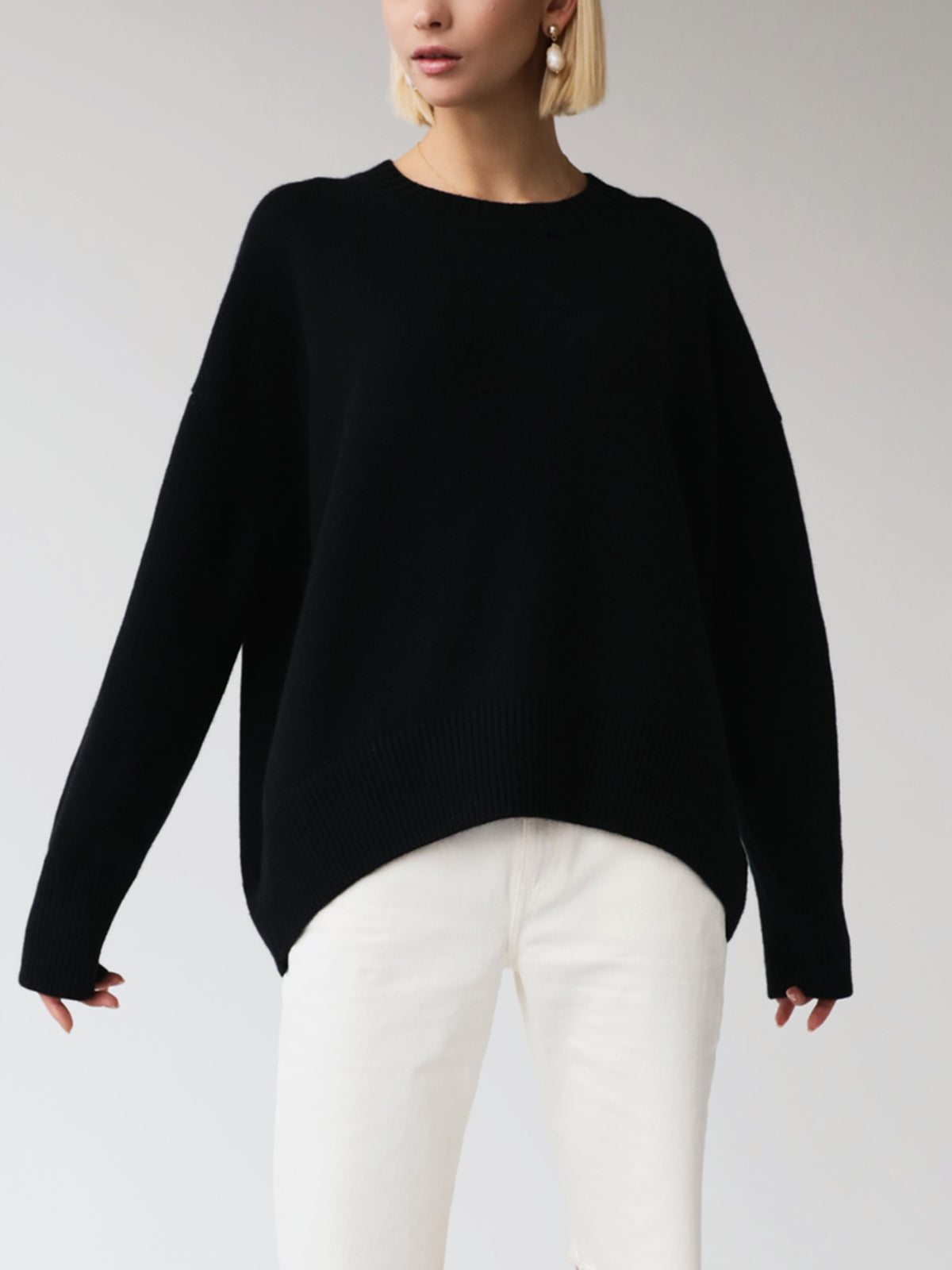 Women's plain knit pullover sweater with crew neck, long sleeves and ribbed trims