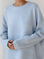 Women's plain knit pullover sweater with crew neck, long sleeves and ribbed trims