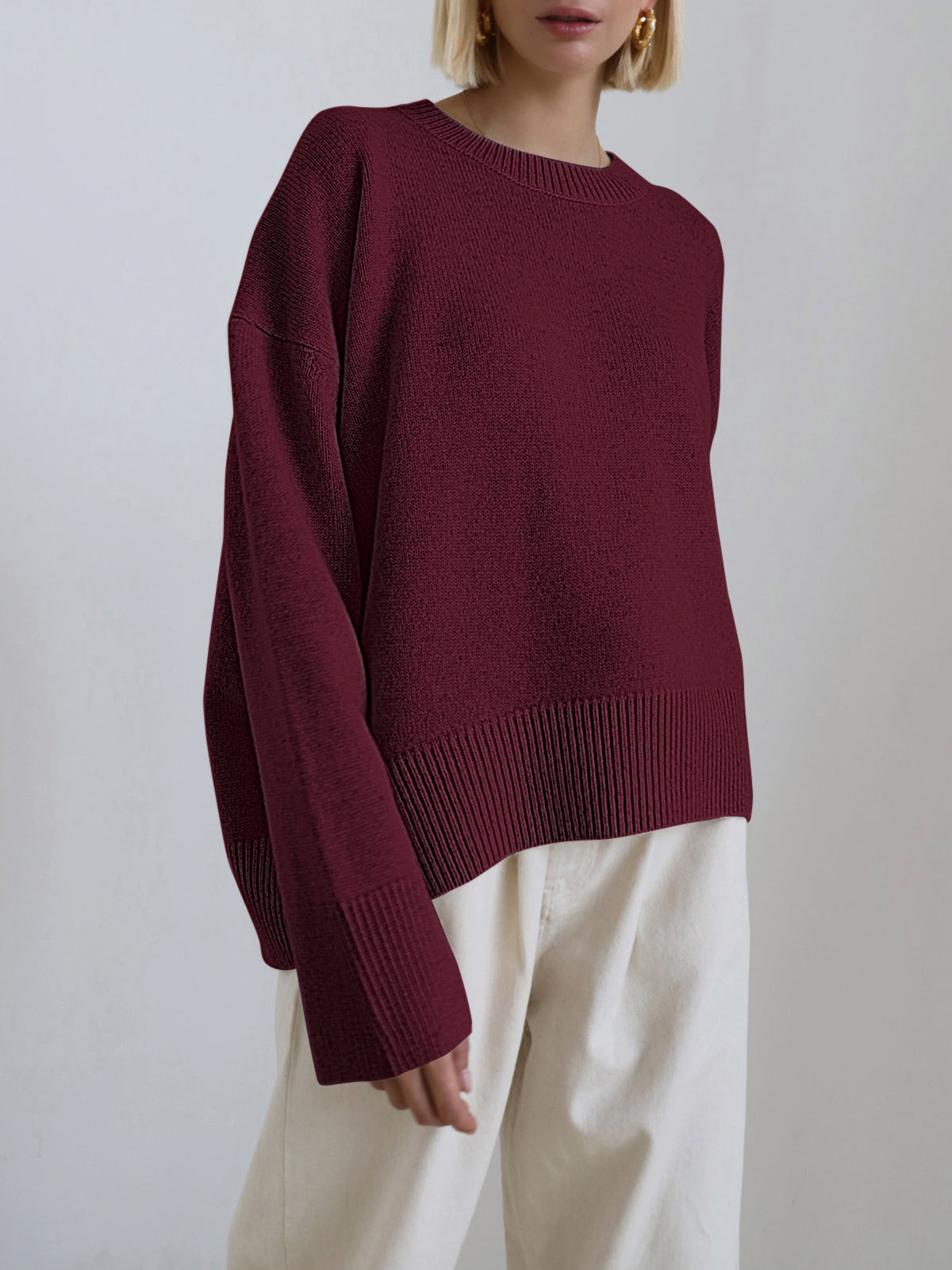 Women's plain knit pullover sweater with crew neck, long sleeves and ribbed trims