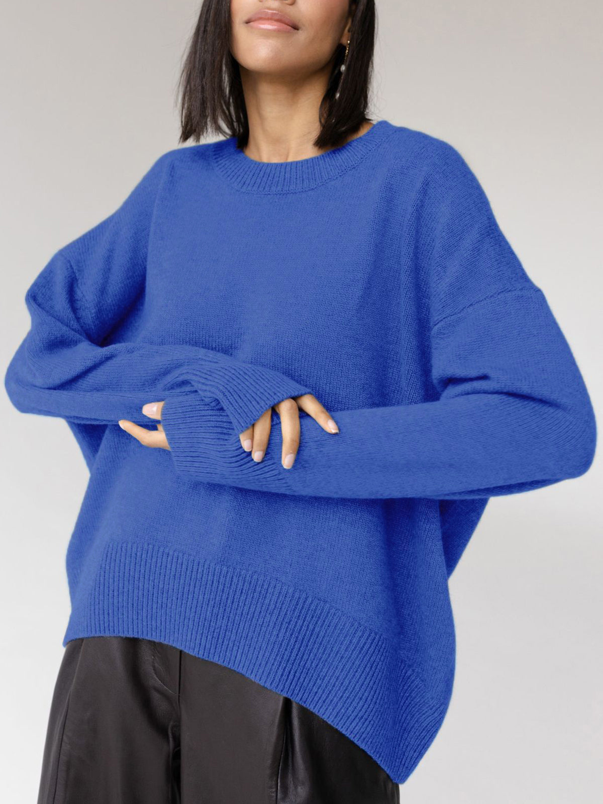 Women's plain knit pullover sweater with crew neck, long sleeves and ribbed trims