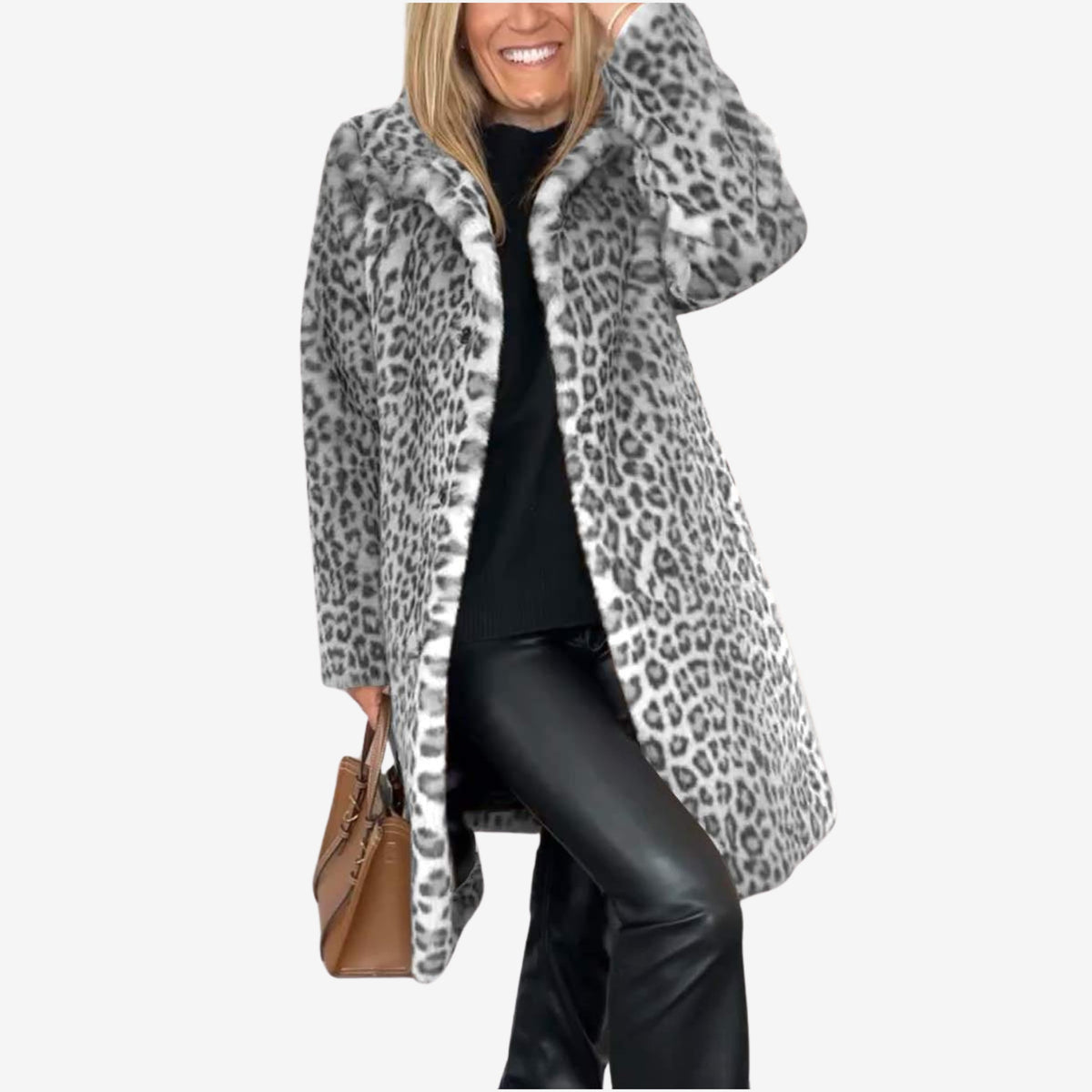 Women's longline leopard print coat with wide collar and long sleeves