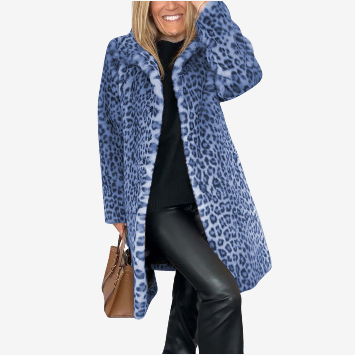Women's longline leopard print coat with wide collar and long sleeves