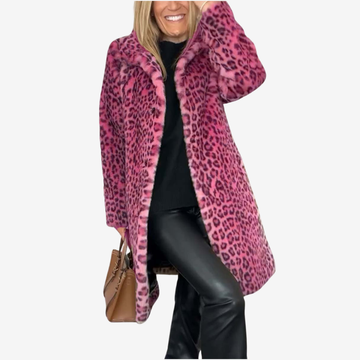 Women's longline leopard print coat with wide collar and long sleeves