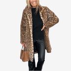 Women's longline leopard print coat with wide collar and long sleeves