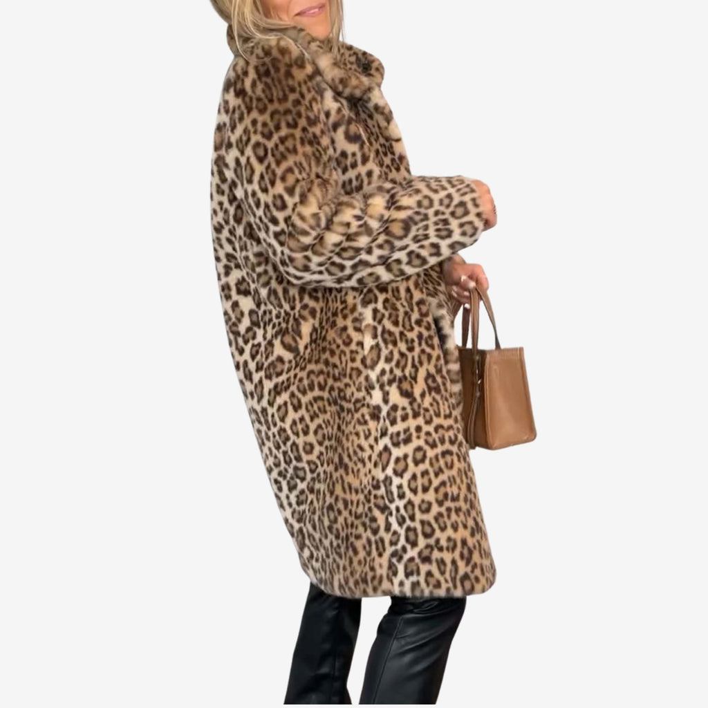 Women's longline leopard print coat with wide collar and long sleeves