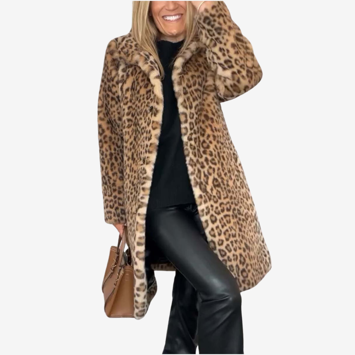 Women's longline leopard print coat with wide collar and long sleeves