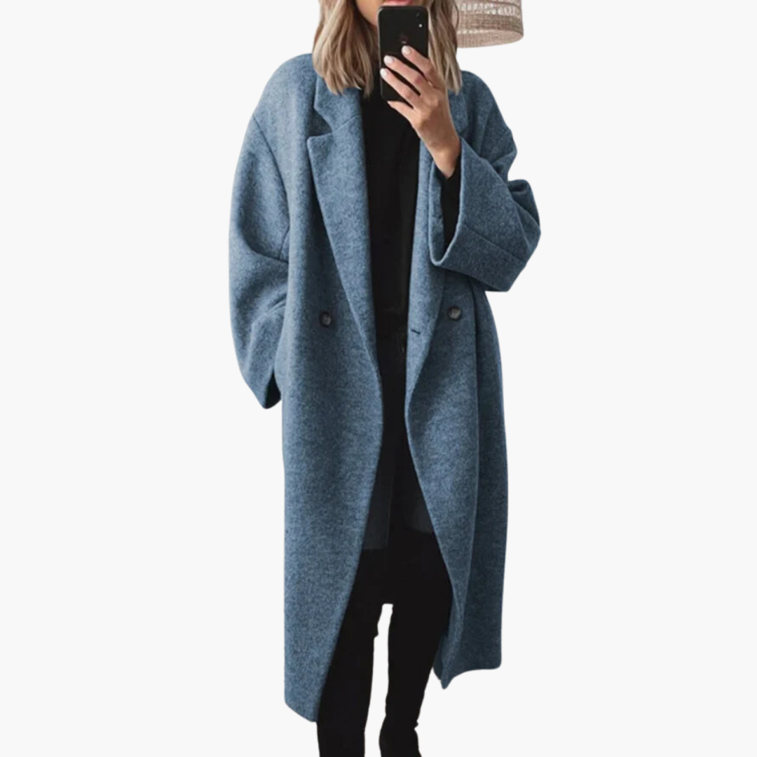 Women's longline coat with notched lapel collar, long sleeves, buttons and side pockets