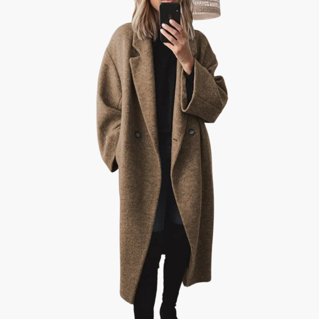 Women's longline coat with notched lapel collar, long sleeves, buttons and side pockets