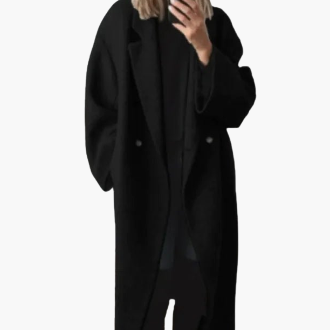 Women's longline coat with notched lapel collar, long sleeves, buttons and side pockets