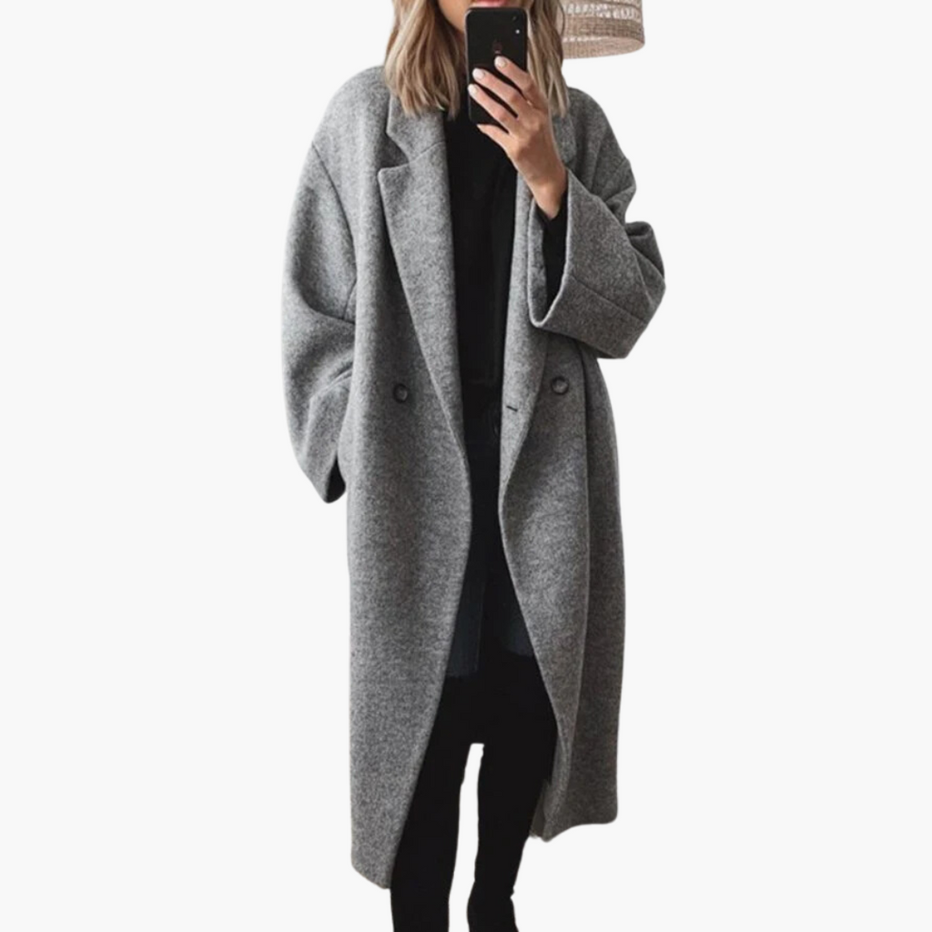 Women's longline coat with notched lapel collar, long sleeves, buttons and side pockets