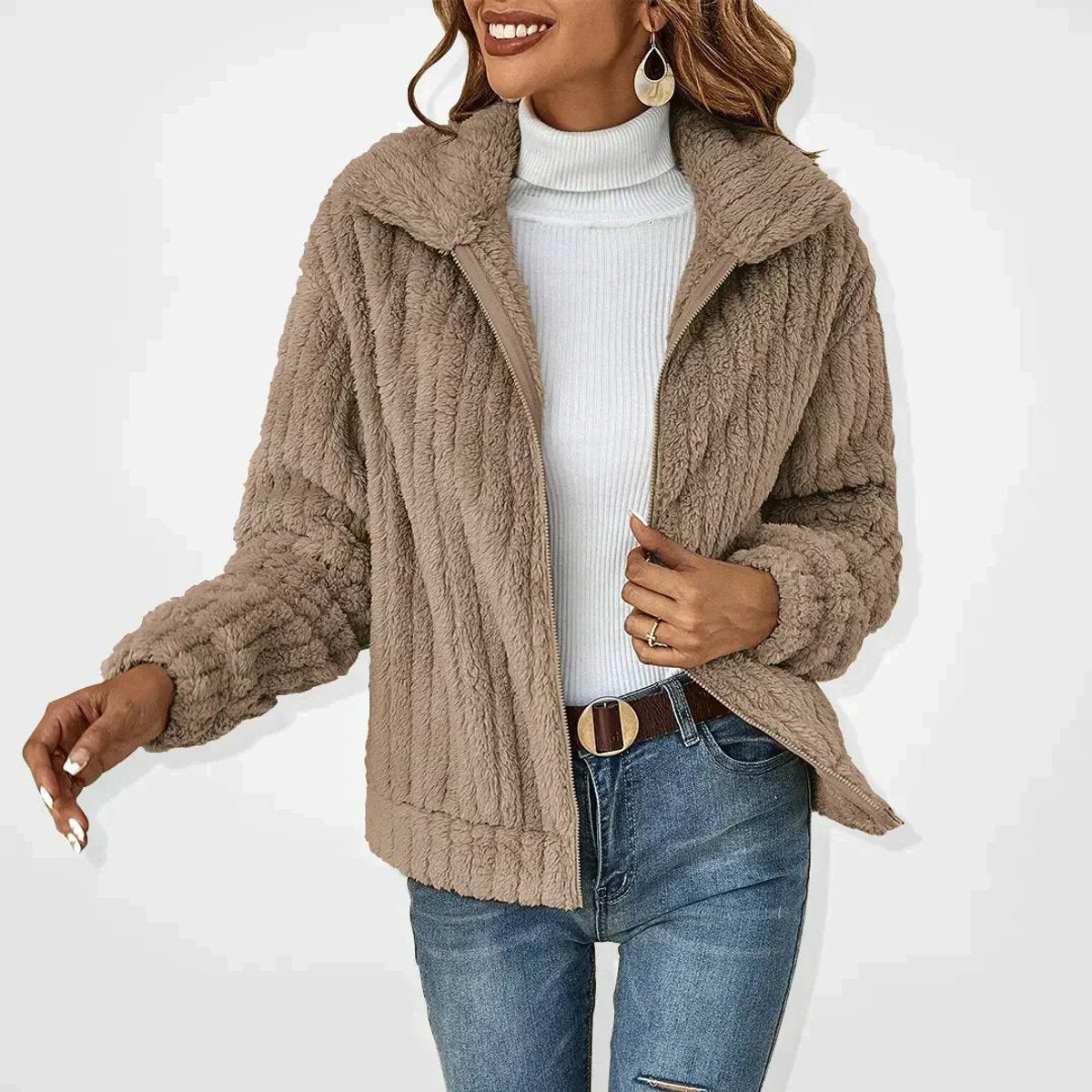Women's textured sherpa cardigan with broad collar and front zip