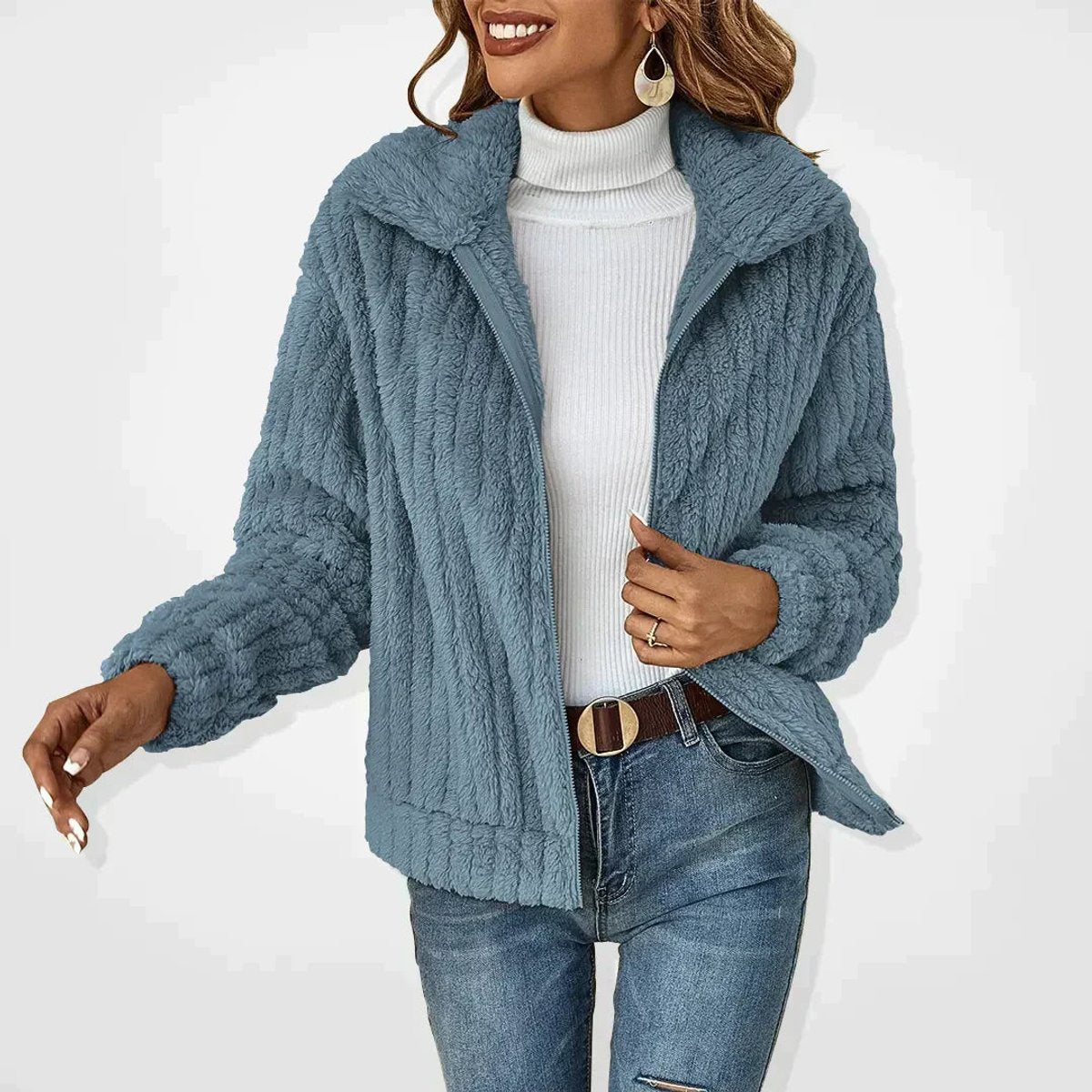 Women's textured sherpa cardigan with broad collar and front zip