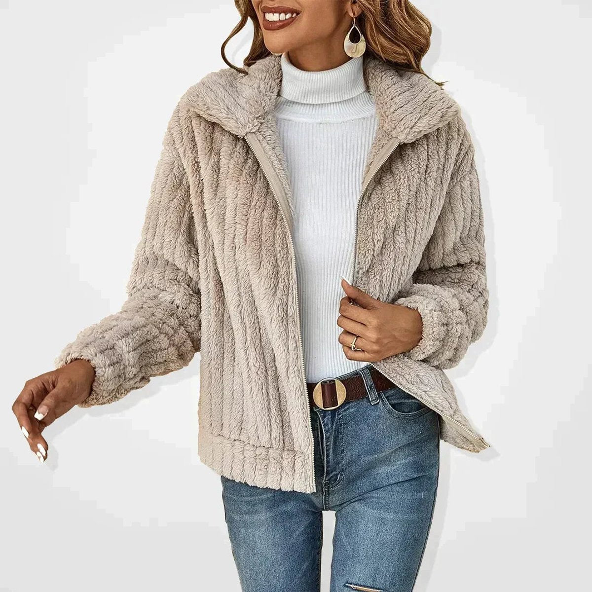 Women's textured sherpa cardigan with broad collar and front zip