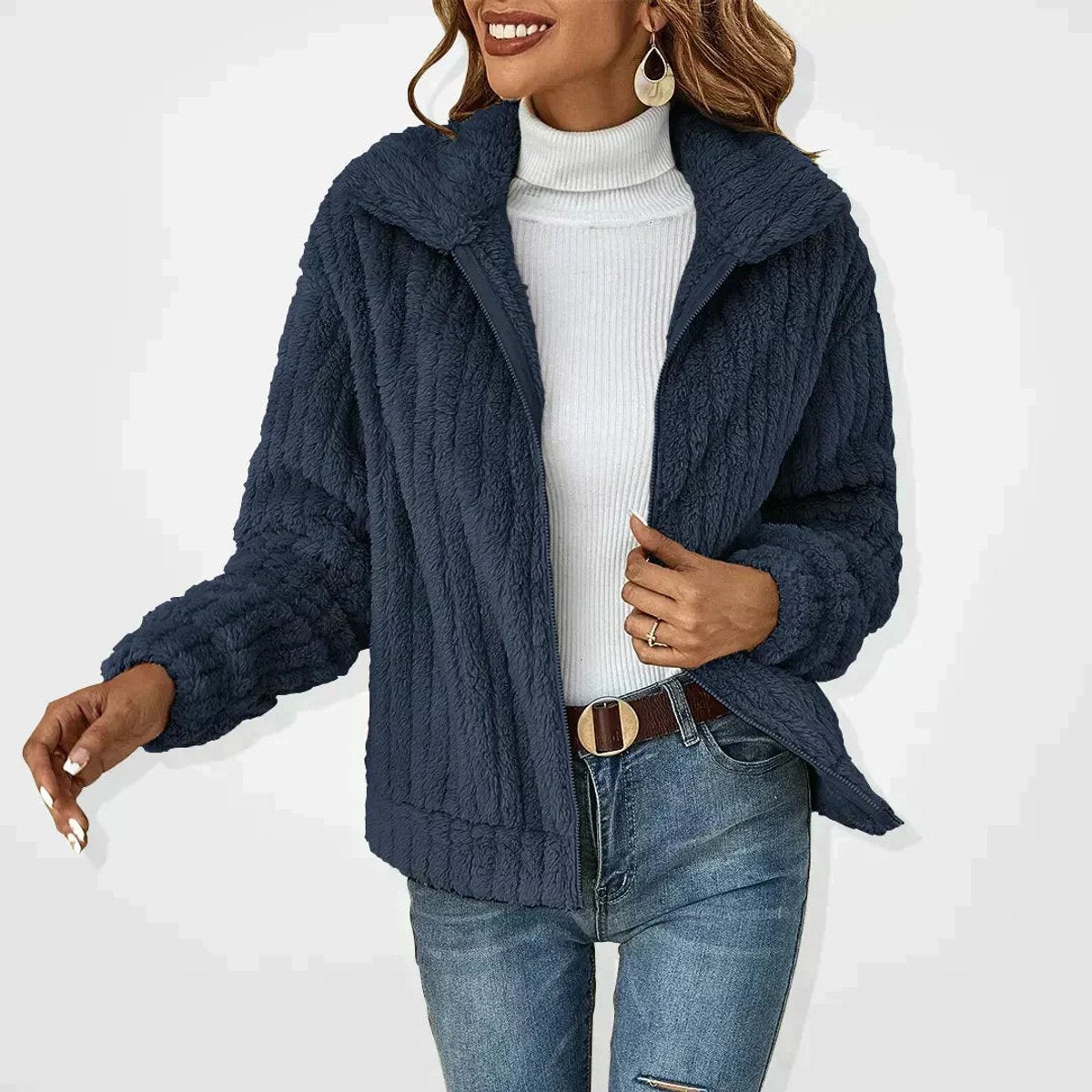Women's textured sherpa cardigan with broad collar and front zip