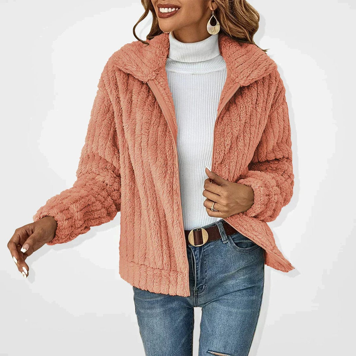 Women's textured sherpa cardigan with broad collar and front zip