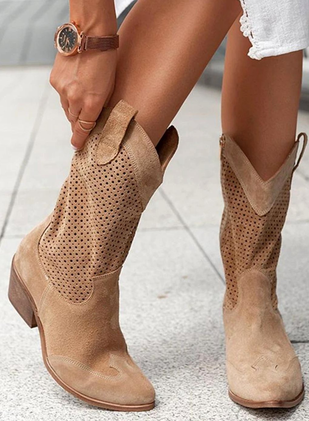 Women's perforated western boots with pointed toes and block heels