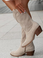 Women's perforated western boots with pointed toes and block heels
