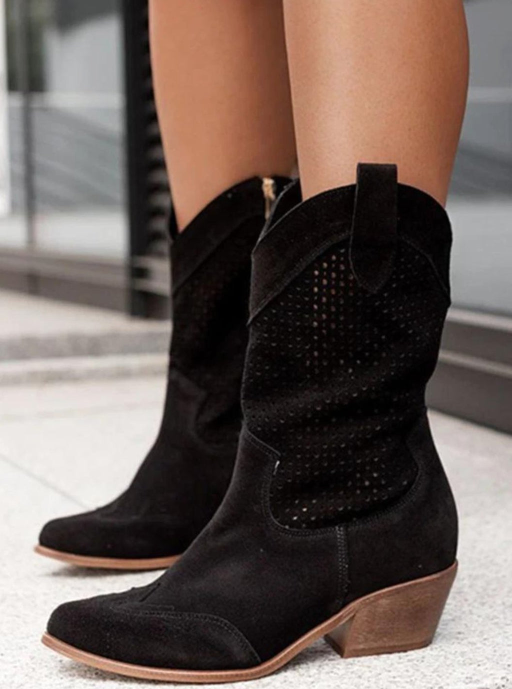 Women's perforated western boots with pointed toes and block heels