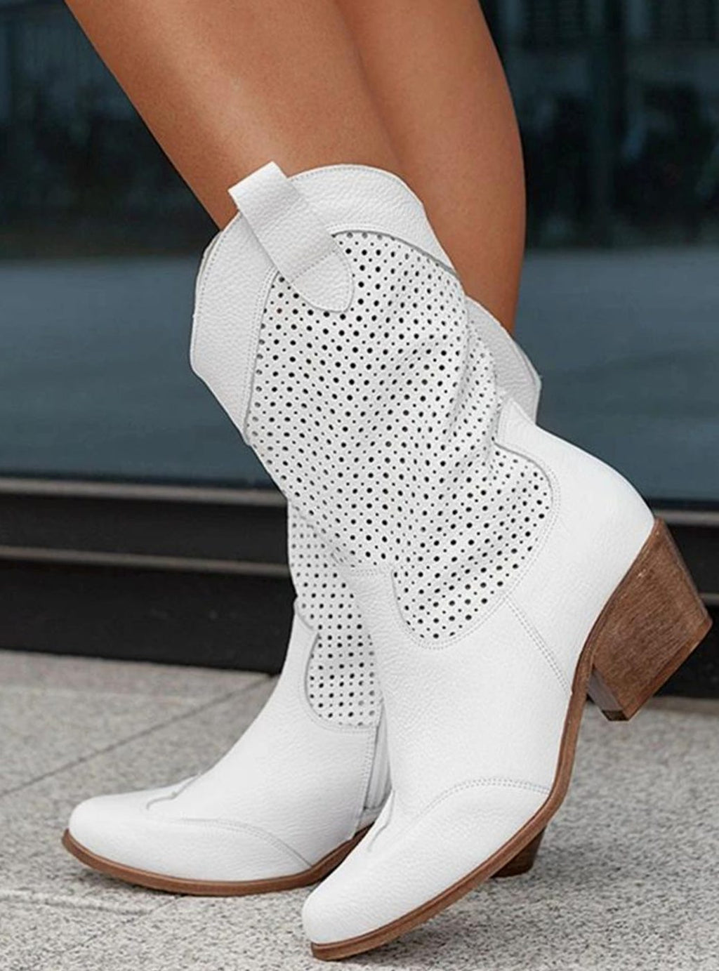 Women's perforated western boots with pointed toes and block heels