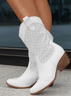Women's perforated western boots with pointed toes and block heels