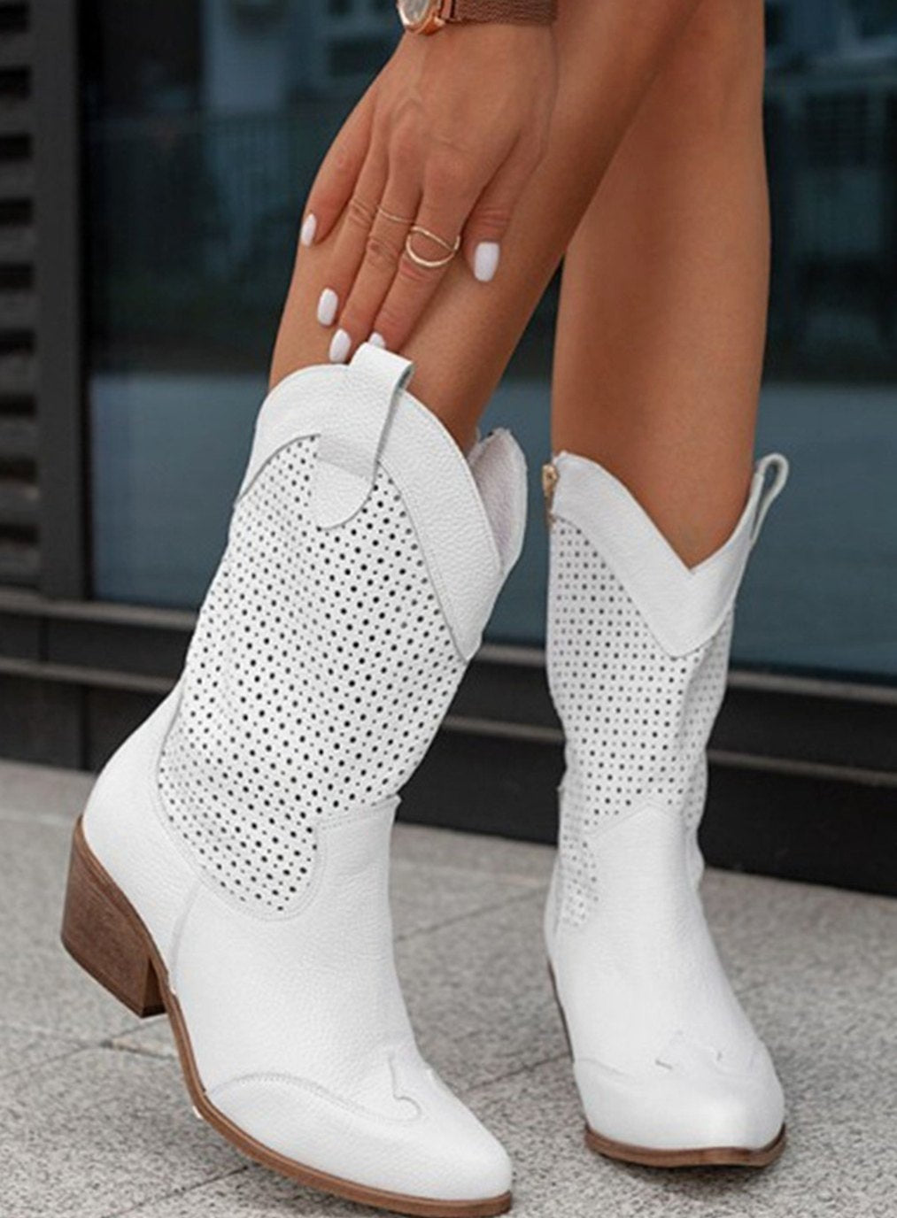 Women's perforated western boots with pointed toes and block heels
