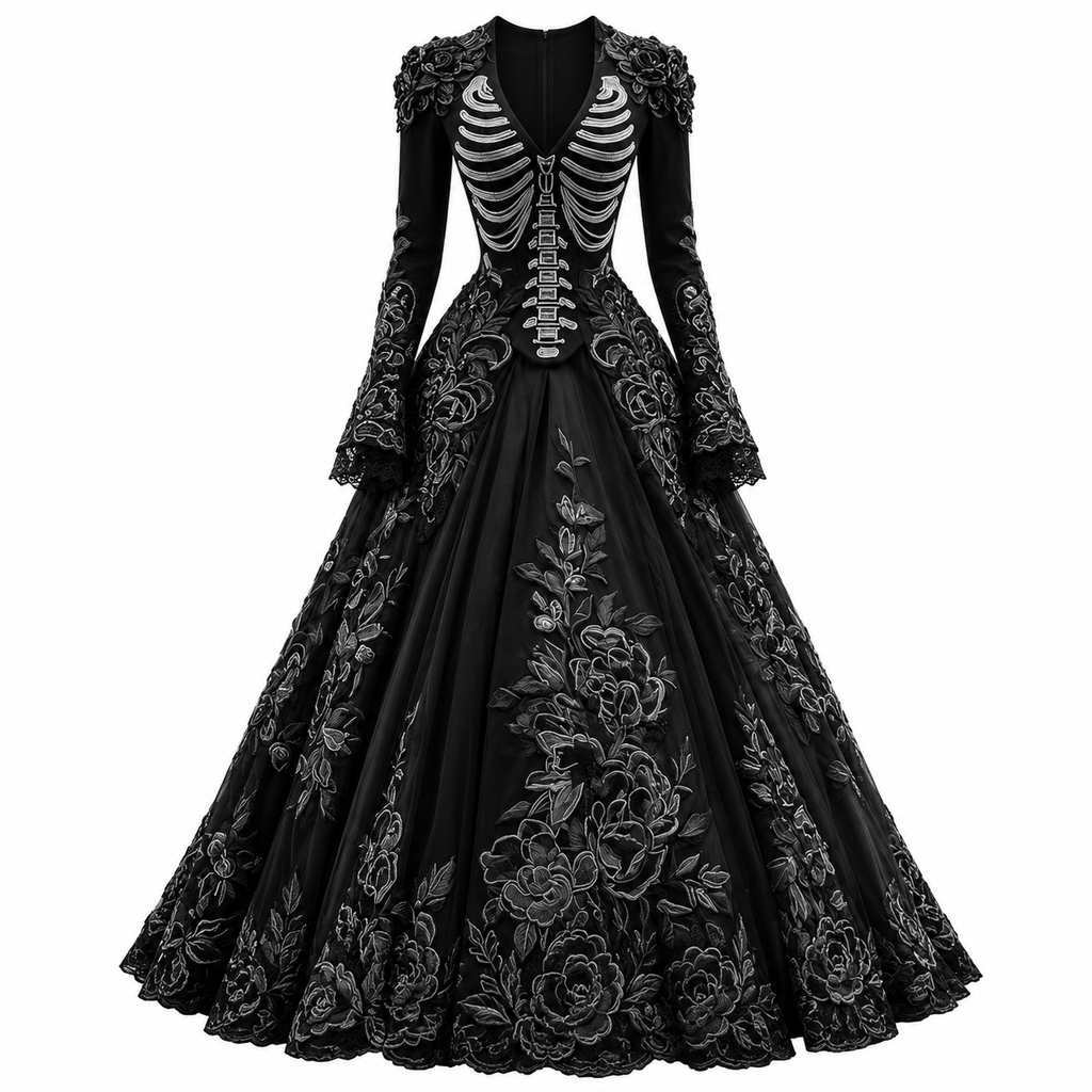 womens-v-neck-long-sleeve-skeleton-embroidered-a-line-halloween-gown-2