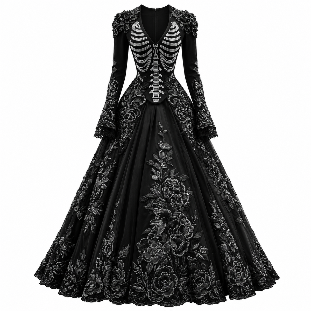 womens-v-neck-long-sleeve-skeleton-embroidered-a-line-halloween-gown-2
