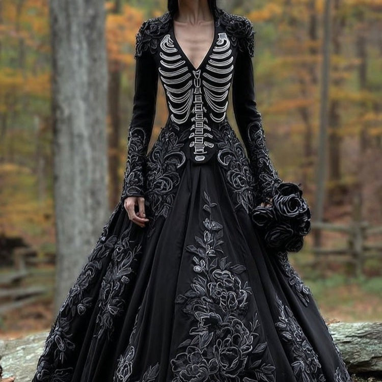 womens-v-neck-long-sleeve-skeleton-embroidered-a-line-halloween-gown-3