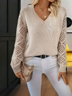 Women's V-neck jumper with long openwork sleeves