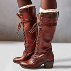 Women's knee-high lace-up boots with wraparound ankle detail and block heels