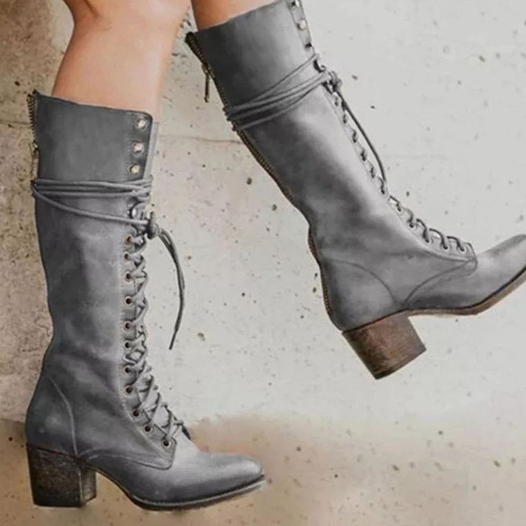 Women's knee-high lace-up boots with wraparound ankle detail and block heels