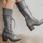 Women's knee-high lace-up boots with wraparound ankle detail and block heels