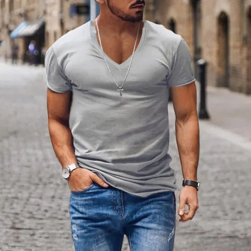 Men's plain deep V-neck T-shirt with short sleeves and slim fit