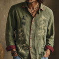 Men's long-sleeved shirt with bamboo and calligraphy print, contrast trim and button front