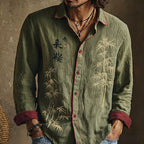 Men's long-sleeved shirt with bamboo and calligraphy print, contrast trim and button front