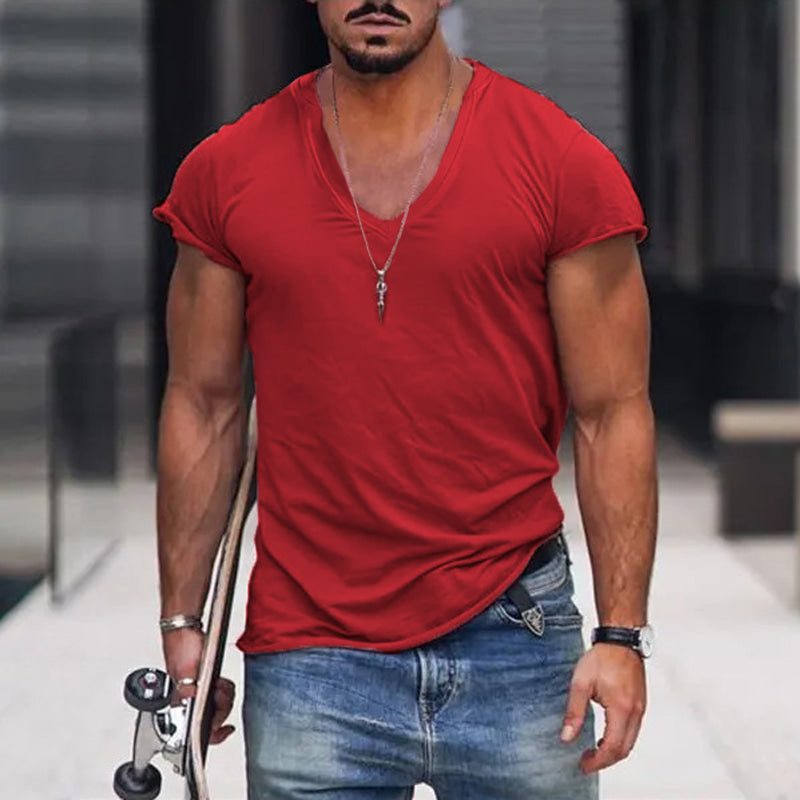 Men's plain deep V-neck T-shirt with short sleeves and slim fit