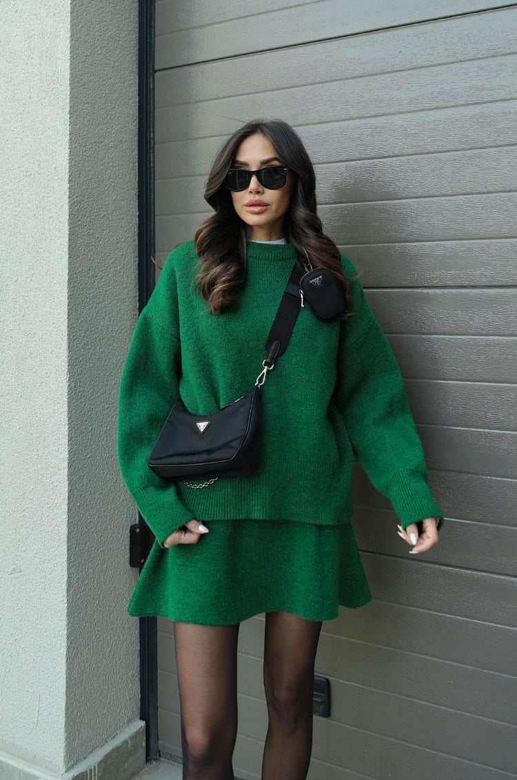 Women's knitted jumper and mini skirt set with long sleeves and crew neckline