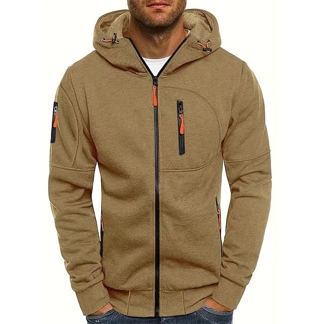 Men's hooded zip-up hoodie with multiple pockets and long sleeves